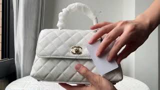 CHANEL COCO HANDLE BAG CAVIAR LEATHERMetalicWhite A92990 [upl. by Nnylkoorb740]