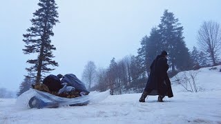 Hot Tent Snow Camp in the Forest Wood stove Winter camping in tent with stove buttery roasting [upl. by Colwell]