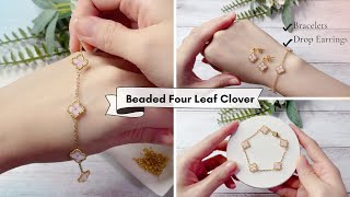 Beaded Four Leaf Clover Bracelet Earrings  How to bead a clover [upl. by Anirhtak]