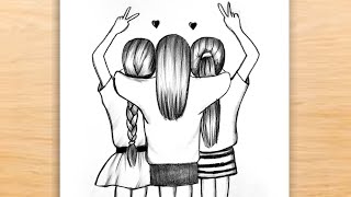 Best Friends Drawing Step by Step  BFF Drawings Friendship Drawing How to Draw Three Best Friends [upl. by Pangaro436]