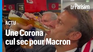 Finale du Top 14  quand Emmanuel Macron descend une bière cul sec dans le vestiaire de Toulouse [upl. by Bull573]