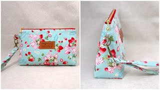 マチ付きポーチ作り方 DIY How to make a pouch 18ｃｍファスナー使用 台形にならない真っ直ぐポーチ 作り方 型紙作り方 [upl. by Ailimat]