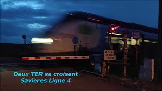 DEUX TRAINS AU PN 80 LIGNE4 AMBIANCE NOCTURNE  SAVIERES 10 [upl. by Colb763]