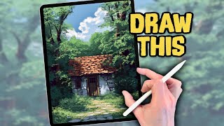 PROCREATE Landscape DRAWING Tutorial in EASY Steps  Secret Forest Hut [upl. by Deeraf817]