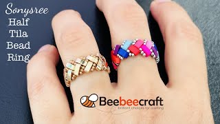 Half Tila bead ring  Half Tila herringbone  Beebeecraft Tutorial [upl. by Koffler]