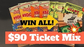 🎲 90 Ticket Mix 🎲 WIN ALL 🔥 Happy Holidays 🎄 Monopoly 🎲 and Giant Jumbo Bucks 💰 [upl. by Sunil]