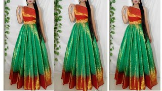 Saree Convert into Beautiful dress no cutting no stitchingHow to wear saree different styles [upl. by Asyar20]