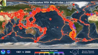 Global Earthquakes 19002000 Animation [upl. by Nodyarb]