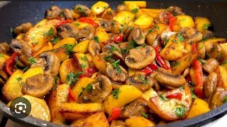 A simple recipe for fried potatoes with mushrooms and vegetables Delicious dinner [upl. by Jolanta]