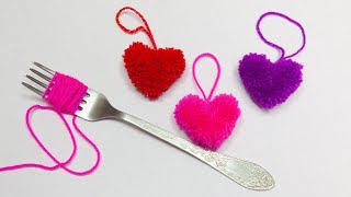 How to Make Yarn Heart❤️ Easy Pom Pom heart Making Idea with Fork ❤️ Amazing Valentines Day Crafts [upl. by Sewell]