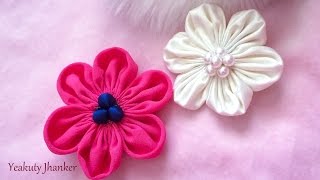 DIY Six petal Kanzashi fabric flower hair clip [upl. by Aelaza]