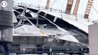 WEB EXTRA Wind Rips Roof Of O2 Arena In London [upl. by Orth]