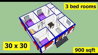 30 x 30 house plan with 3d elevation II 900 sqft ghar ka naksha II 30 x 30 ghar ka design [upl. by Ahsets]