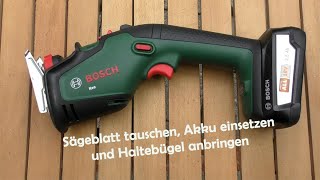 Bosch Keo  Sägeblatt wechseln Akku tauschen und Haltebügel anbringen [upl. by Floss]