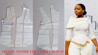 HOW TO DRAFT TRENDY ASYMMETRIC NECKLINE CORSET BLOUSETOPDRAPE CAPEPATTERN DRAFTINGDIY [upl. by Dor]