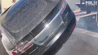 Tesla explodes in California yard [upl. by Ramor443]