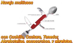 Navaja multiusos con Cuchillo Cuchara Tenedor Abrebotellas sacacorchos y abrelatas [upl. by Asiluy]