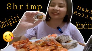 MAKI ROLLS ONIGIRI KIMCHI SHRIMP MUKBANG  EATING ASMR [upl. by Fitzger]