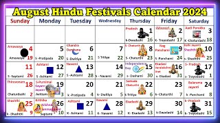 August Hindu Festivals Calendar 2024  2024 Calendar augustcalendar 2024 calendarfestivals2024 [upl. by Nortal]