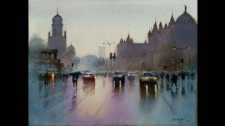 Watercolour Landscape Painting  Rainy Cityscape  Mumbai  After Rain  Ganesh Hire [upl. by Jamnis]