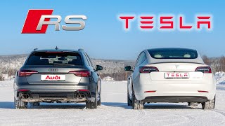 Audi RS4 Quattro VS Tesla Model 3 Performance AWD  Whats BEST on snow ❄️ [upl. by Yebba412]