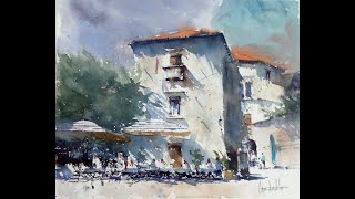 Watercolor Cityscape Loose Painting I Watercolor Demo I Cafe scene  PART 1   Suluboya Manzara [upl. by Waylen43]