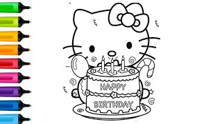 Hello Kitty With Birthday Cake Drawing Painting amp Coloring For Kids and Toddlers Child Art [upl. by Bowman]