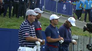 On the First Tee Tiger WoodsPatrick Reed v Francesco MolinariTommy Fleetwood  2018 Ryder Cup [upl. by Ahseihs]