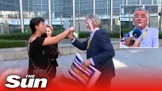 Ryanair CEO hit in the face with CAKE by climate activists in Brussels [upl. by Pam]