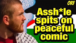 Asshle Spits on Peaceful Comedian Recording Satirical Music Video at FreeGaza Red Line Protest [upl. by Rior]