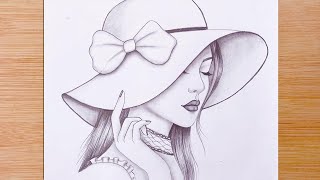 How to draw a girl wearing hat  step by step  Pencil sketch  bir kız nasıl çizilir [upl. by Oiratno485]