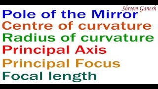 Define Pole centre of curvature Radius of curvature Principal Axis Principal Focus Focal length [upl. by Ynohtnacram]