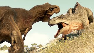 TREX vs ALBERTOSAURUS vs ACROCANTHOSAURUS DINOSAURS BATTLE IN MALTA  Jurassic World Evolution 2 [upl. by Avlis81]