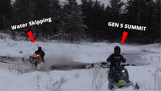 MOUNTAIN SLED WATER SKIPPING  WHEELIES  JUMPS  GEN 5 SKIDOO 850 SUMMIT [upl. by Abbotsun]