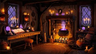 Cozy Witch Cottage  Halloween Ambience with Fireplace Rain amp Distant Thunder for Relaxation [upl. by Isherwood276]