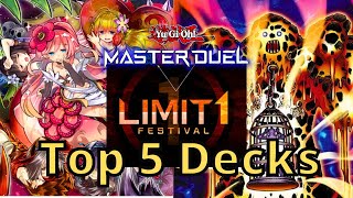 TOP 5 DECKS  Limit 1 Festival in YuGiOh Master Duel [upl. by Itsuj]