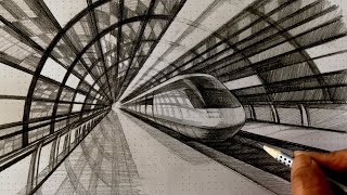 How to Draw Railway Station Train in 1 Point Perspective [upl. by Cindelyn]