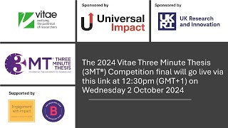 Vitae Three Minute Thesis 3MT® Competition final 2024 sponsored by Universal Impact [upl. by Oelak644]