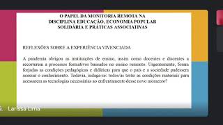 MR  n 1237  O PAPEL DA MONITORIA REMOTA NA DISCIPLINA EDUCAÇÃO ECONOMIA POPULAR SOLIDÁRIA [upl. by Yendic]