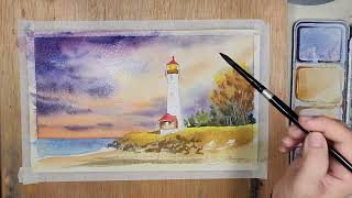 Easy watercolor light house landscape  Watercolor Painting tutorial [upl. by Alisan547]