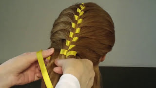 Быстрая прическа с лентой Ribbon Braid Hairstyle for medium hair tutorial [upl. by Ycinuq]