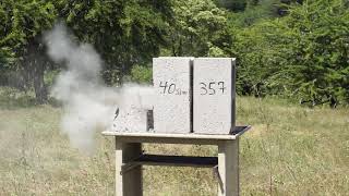 9mm 124gr vs 40 sampw 180gr vs 357 Magnum 158gr 🔥 vs Concrete Block [upl. by Attiuqahs]