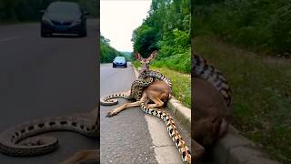 🐍 Snake Vs 🦌 deer  snake attacked the deer on the road AI new facts deer snake animals [upl. by Stafani]