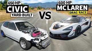 KSwapped EG vs Races McLaren 620R in No Prep Drag Racing [upl. by Brawley]