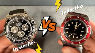 Rolex Oysterflex vs Tudor Rubber strap how different can they be Daytona against Black Bay Burgundy [upl. by Acinahs]