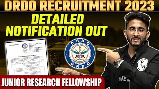 DRDO Recruitment 2023  Detailed Notification Out  Junior Research Fellowship JRF [upl. by Yerffe772]