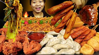 Nepali Street Food Mukbang  Eating Extremely Spicy Keema Noodles Sausages Chicken Lollypop amp MOMO [upl. by Birdt]