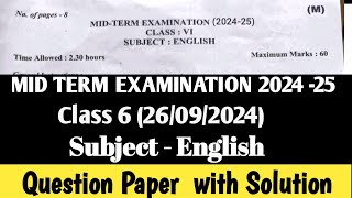 class 6 English Mid term examination 202425 260924 कक्षा 6 English Question paper with soln [upl. by Atirahs]