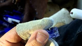 209  Bottle Bottom Knapping  Indirect Percussion on Blue Glass Arrowhead Part 2 [upl. by Hammock]