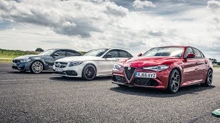 Drag Race BMW M3 Vs Merc C63 Vs Alfa Giulia  Top Gear [upl. by Farrel]